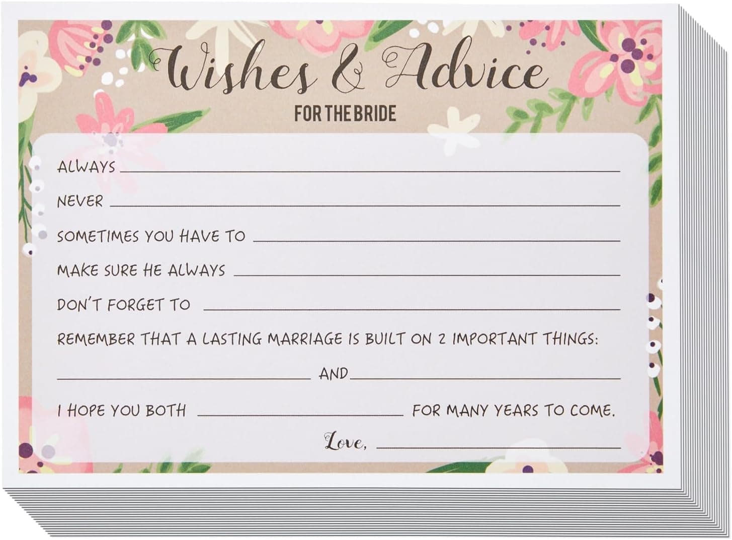 BEST PAPER GREETINGS 50 Pack Floral Wedding Advice Cards for Bride, Bridal Shower Games (5x7 in)