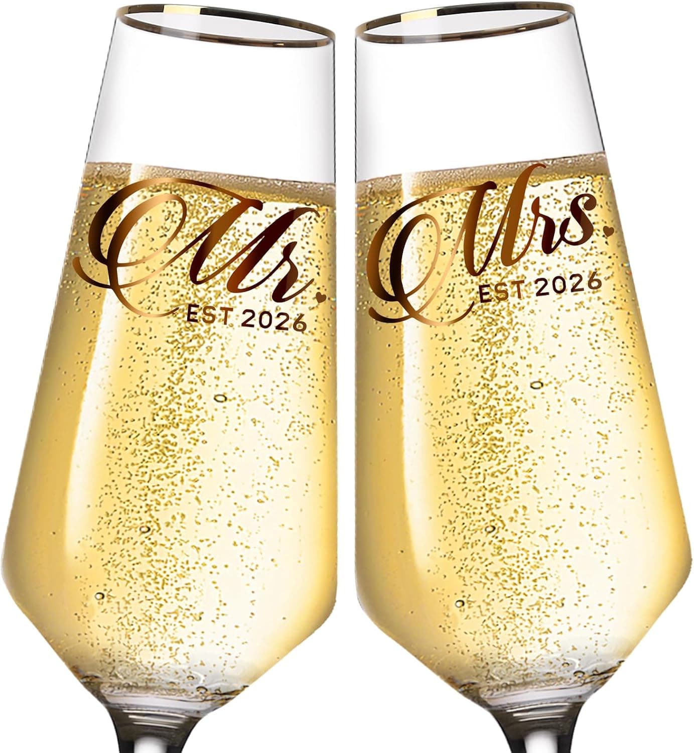 Wedding Champagne Flutes Set of 2, Hand-Blown Mr & Mrs