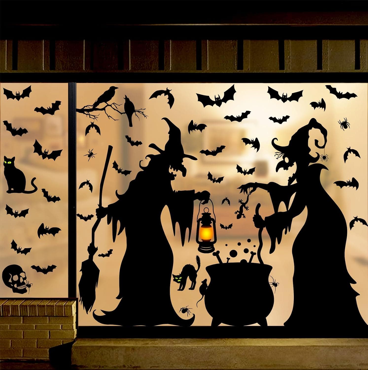 Halloween Window Clings Decor Set (Witches, Cauldron, Bats & Black Cat)