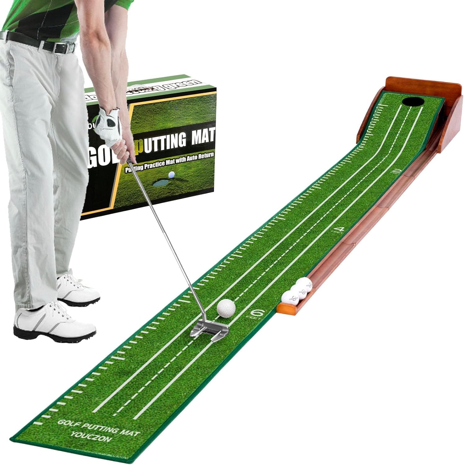 Indoor Putting Green Golf Mat with Auto Ball Return (Solid Wood Base)