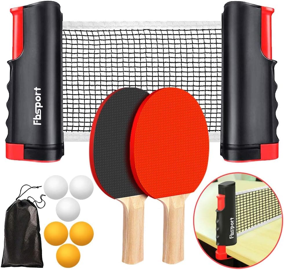 FBSPORT Ping Pong Paddle Set with Retractable Net, 2 Rackets, 6 Balls & Carry Bag