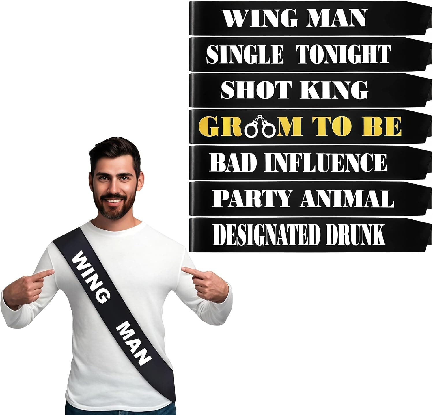 Bachelor Party Sash Set (7 Pieces) Black and Gold with Handcuff Design