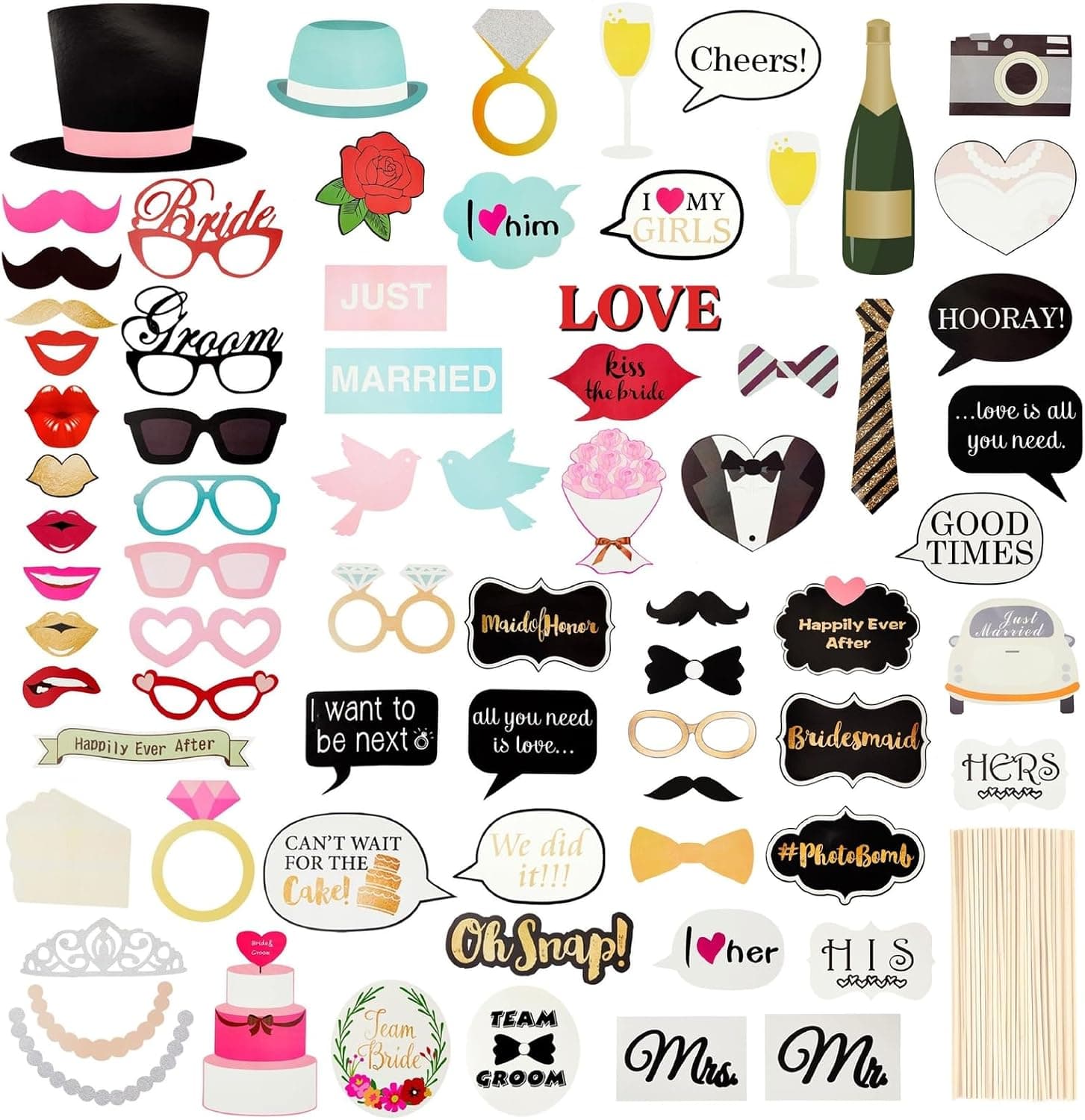 72-Piece Wedding Photo Booth Props Set (Sticks & Stickers Included)