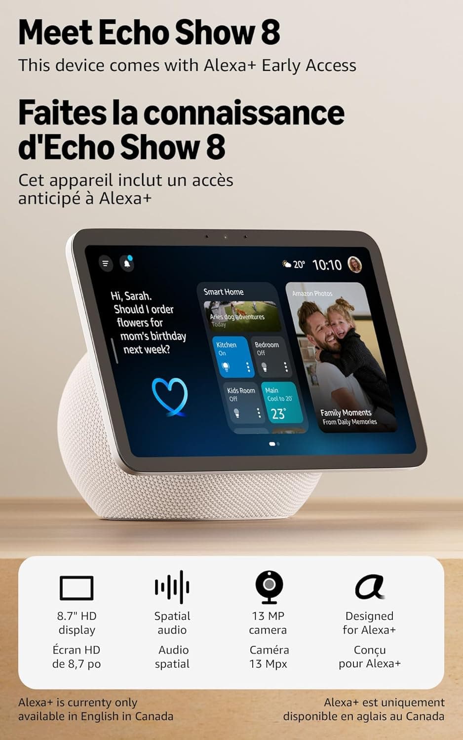 Echo Show 8 (Newest Model) 8.7" HD Smart Display with Spatial Audio (Glacier White)