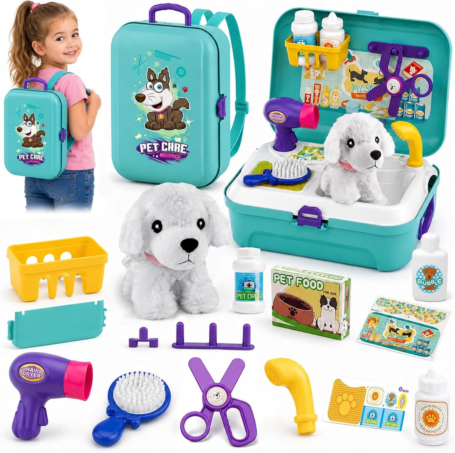 TEUVO Pet Care Play Set — 16‑Piece Kids Vet Kit with Plush Puppy & Carrier