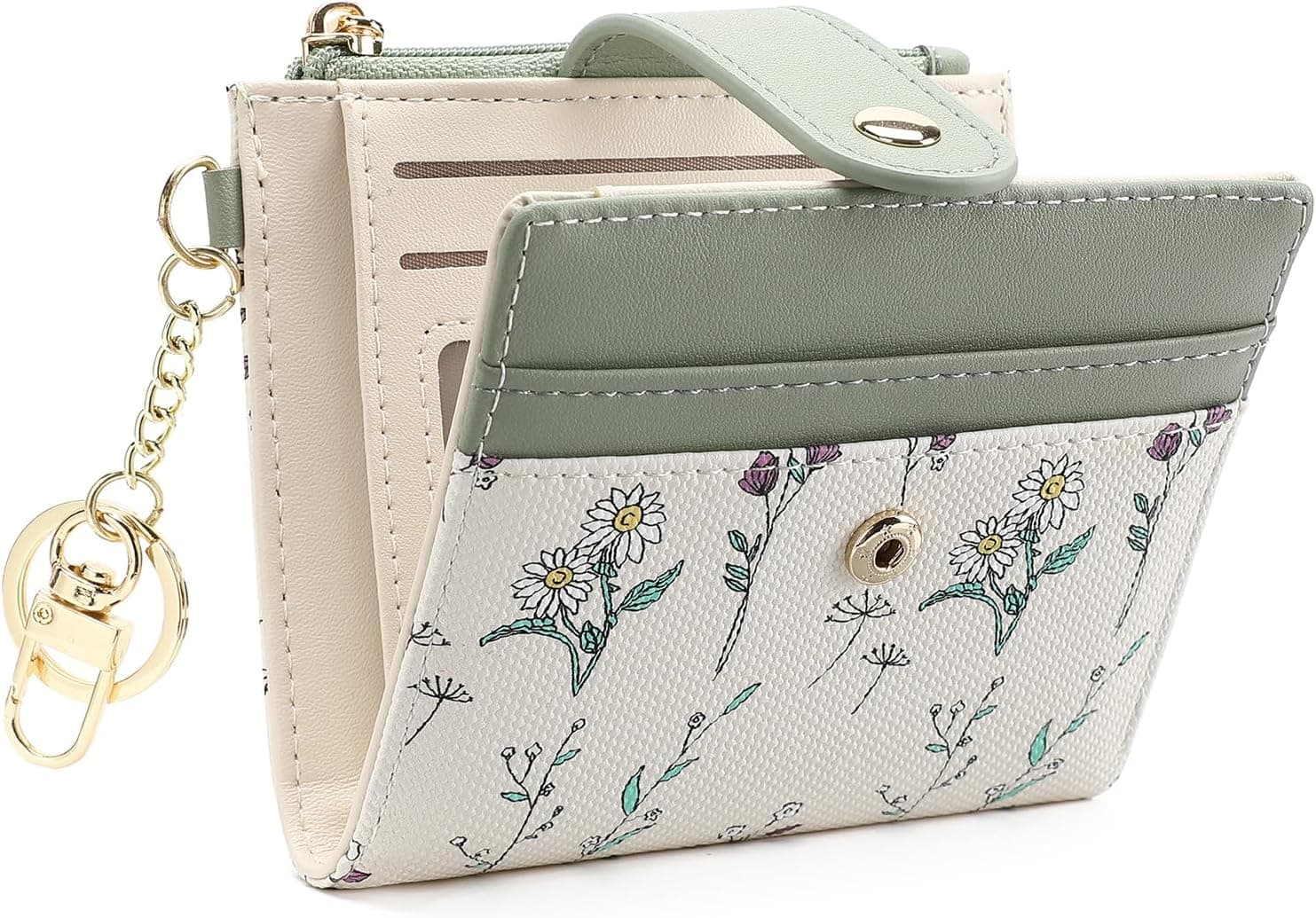 Slim Floral Vegan Leather Card Holder Wallet with Keychain