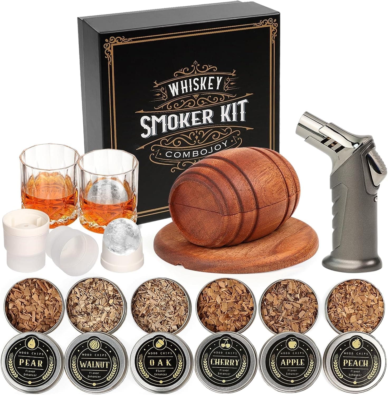 Whiskey Smoker Kit with Torch, 6 Wood Chip Flavors, 2 Glasses & Ice Ball Molds