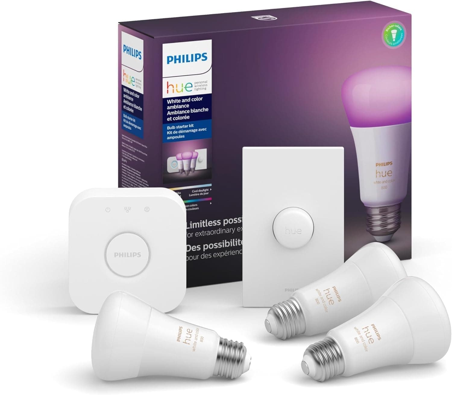 Philips Hue White & Colour Ambiance A19 Smart Bulb Starter Kit (3‑Pack) with Smart Button